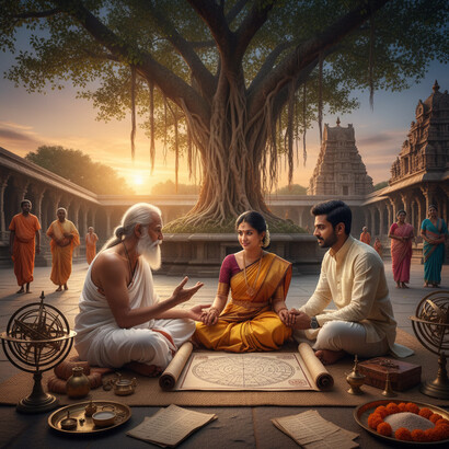 The ancient practice of Vedic astrology, not a religion, but a symbolic technology of time. Here, a consultation merges celestial patterns with terrestrial concerns, illustrating how ancient wisdom correlates cosmic rhythms with individual destiny