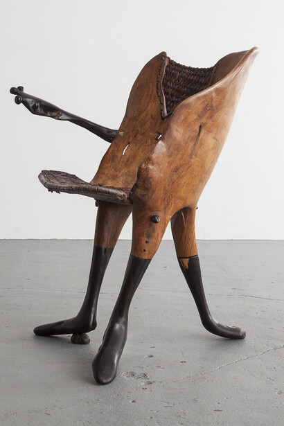Sculptural "Peau Tendre" chair in ebony and leather. Designed by Babacar Niang, Senegal, 2013. 15.75" L x 29.92" W x 29.53" H / 40cm L x 76cm W x 75cm H. Photo by Joe Kramm/R & Company