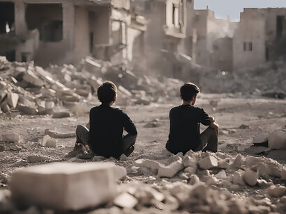 Two brothers sitting on the ruins of a destroyed building 
