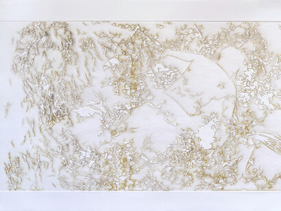 Miguel A. Aragon, Flotando, 2013, burnt residue embossing, 22 x 30 in. Courtesy of the artist.