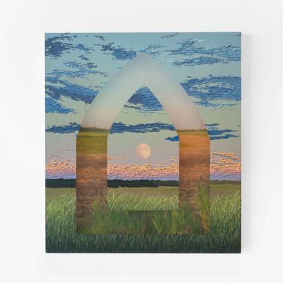 Saskia Fleishman, Archway (Chincoteague), 2023, acrylic and sand on digitally printed chiffon, 35.50x31.50 inches. Courtesy the artist and Red Arrow Gallery