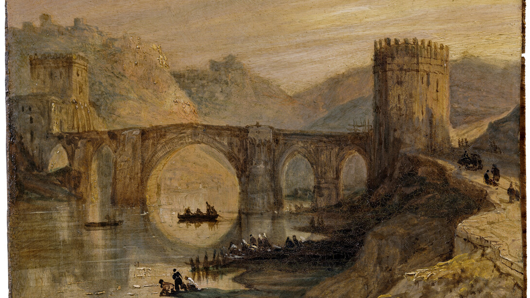 Vista del puente de San Martín (Toledo), Díptico con 42 Vistas Monumentales de Ciudades Españolas, Peréz Villaamil, Óleo sobre hojalata y marco neo gótico, 17,8 x 12,5 cm, Madrid, Museo Nacional del Prado