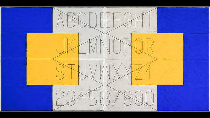 Matt Mullican, 'Untitled (Alphabet in Language),' 2016. Acrylic gouache and oil stick rubbing on canvas, in two parts,  78 3/4 x 157 1/2 in. (200 x 400 cm). Courtesy the artist and Peter Freeman, Inc. New York / Paris