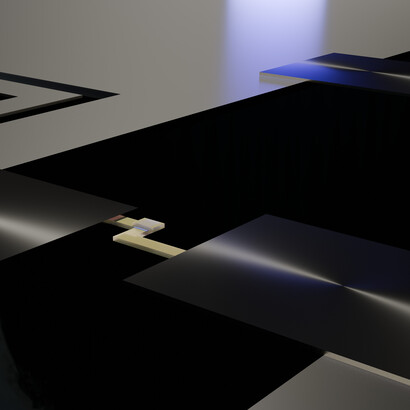Rappresentazione di un dispositivo a interferenza quantistica superconduttiva (SQUID) basato su giunzione di Josephson e di un “gomito” di flusso. Realizzata con Blender, utilizzando il motore di rendering Cycles e una GPU Nvidia RTX 4070Ti Super. Opera di OJB Quantum