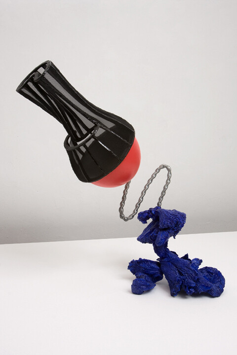John Newman, Black and Blue and Red, 2010, exturded aluminum, aluminum armature wire, galvanized steel wire, organza, wood, wood putty, papier mâché, aqua resin, stove-blacking, enamel paint, 21 x 14 x 13