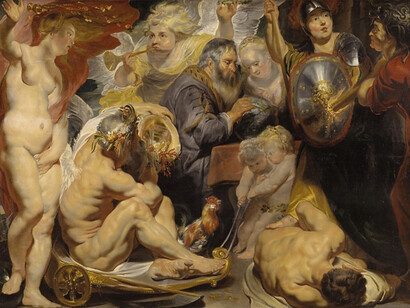 Jacob Jordaens; Alegoría de la ciencia. Minerva y Cronos protegen la ciencia de la envidia y la ignorancia, 1617, Museo estatal de Copenhagen