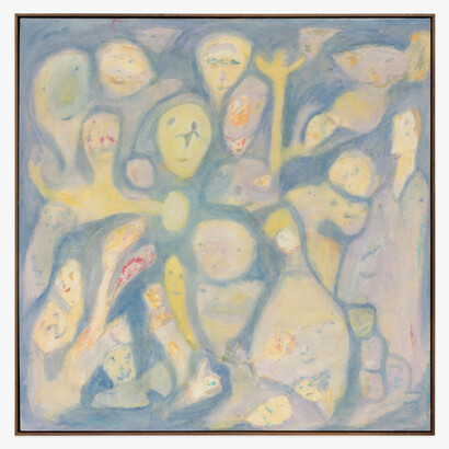 Ross Simonini,The Lates, 2023, milk paint on manta fabric in walnut frame, 41x41 inches. Courtesy the artist and Shrine, Los Angeles
