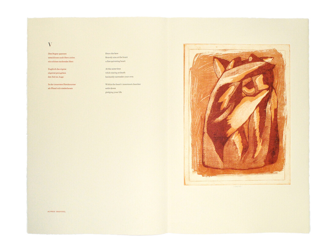 Drawing the Bow 2011, Hand coloured etchings by George Nama, Poems by Alfred Brendel, Edition of 20 on Arches Vellum paper, Etchings signed by the artist, portfolio signed by the poet