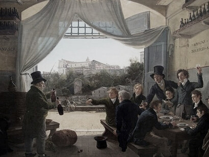 F.L. Catel, Il principe ereditario Ludwing di Baviera e i suoi amici all’Osteria Spagnola di Ripa Grande, riproduzione in scala maggiore dell’originale conservato alla Neue Pinakothek di Monaco di Baviera, 1824 (foto Omar Kheiraoui)