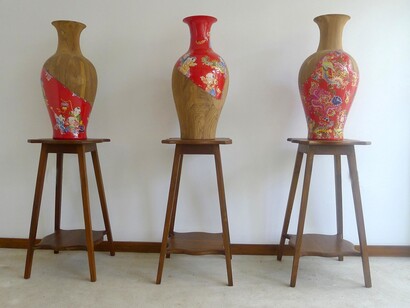 Sudarshan Shetty, Untitled, 2015, Ceramic, recycled teak wood and table, 137 x 40 x 40 cm / 54 x 16 x 16 in. each, Courtesy of the artist, Galerie Daniel Templon Brussels and Paris