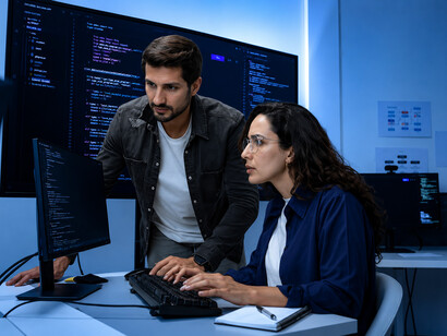 Dedicated data analysts monitoring complex system information on computer displays within a high-tech server room