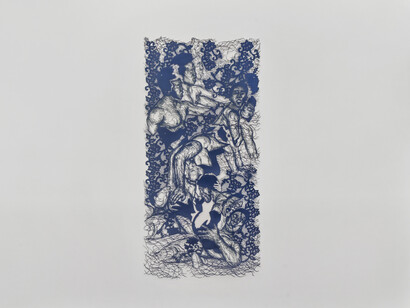 Antonius-Tín Bui, Body called itself Master. Body named itself Free. Body bought its own freedom. Body sold itself to the top. Body broken glass all by itself. Body spills all the light. Body all the light. Body only dark when it wants to be., 2023, hand cut paper, ink, and paint, 80x42 inches. Courtesy the artist and Monique Meloche