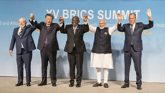 President of Brazil Lula da Silva, President of China Xi Jinping, President of South Africa Cyril Ramaphosa, Prime Minister of India Narendra Modi and Minister of Foreign Affairs of Russia Sergey Lavrov, in a family photograph, Luiz Inácio Lula da Silva in 2023 in Johannesburg, South Africa, on August 22, 2023