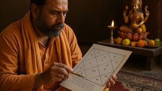 A Hindu priest studies a Vedic astrology chart by lamplight, reflecting the ancient Indian tradition of aligning human life with celestial rhythms