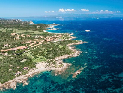 An aerial view of the shore of Valle dell’Erica in Northern Sardinia, Italy