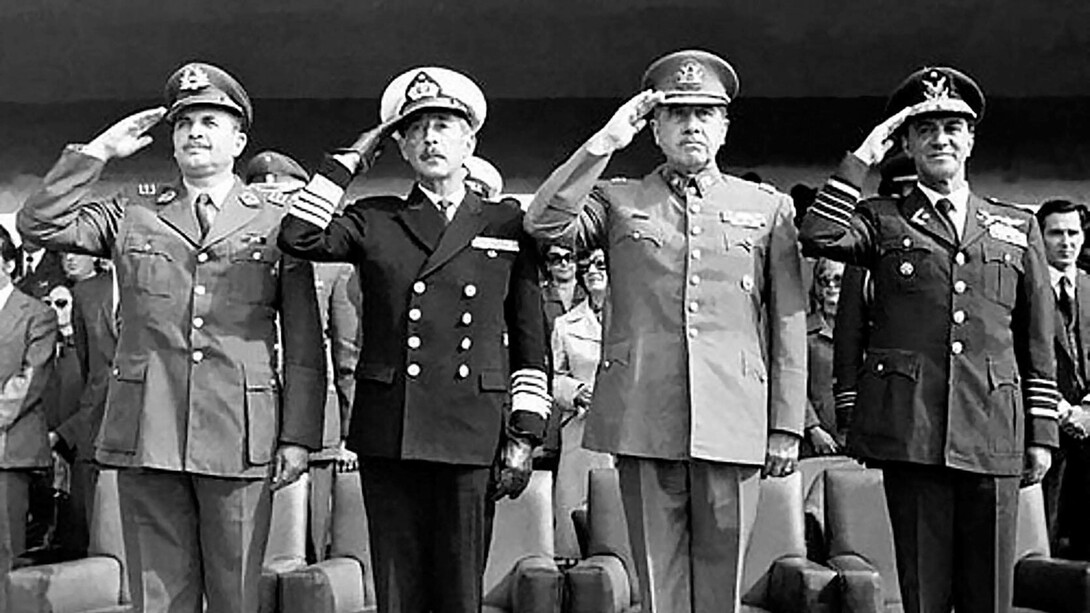 From left to right: César Mendoza, General Director of Carabineros; José Toribio Merino, Commander-in-Chief of the Navy; Augusto Pinochet, Commander in Chief of the Army and Gustavo Leigh Guzmán, Commander in Chief of the Air Force, 1973