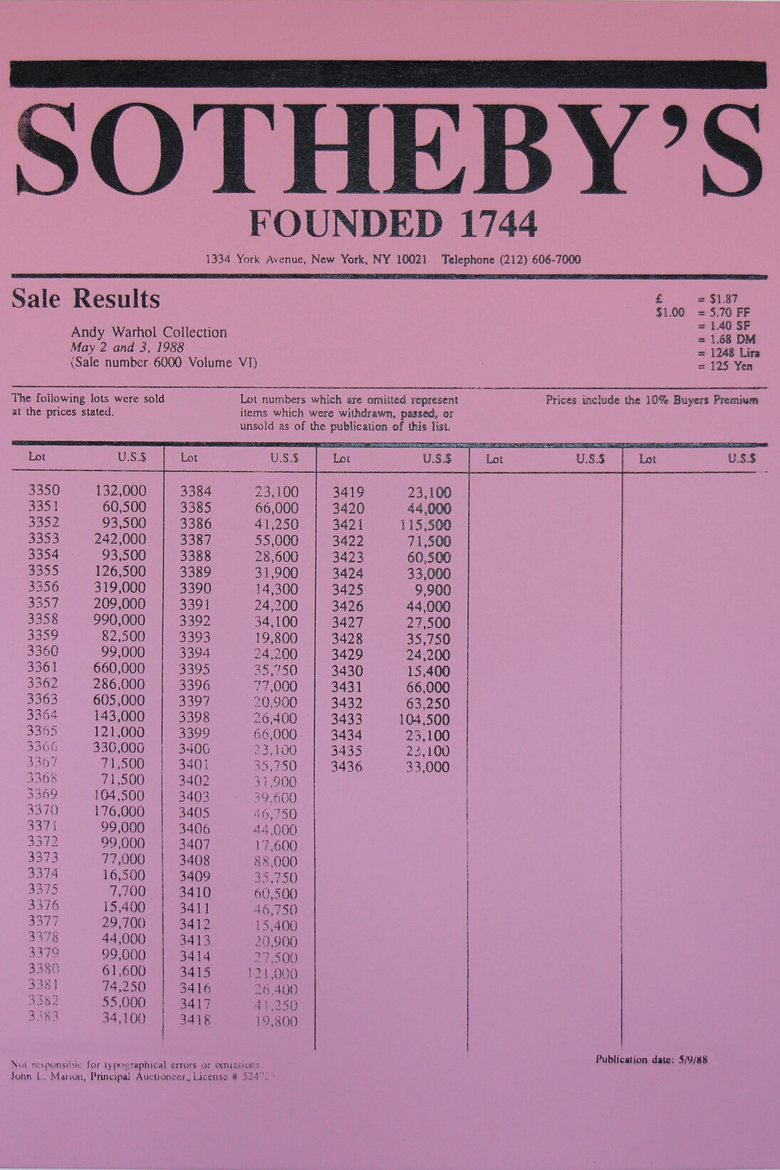 Charles Lutz, Price List (Warhol Collection)