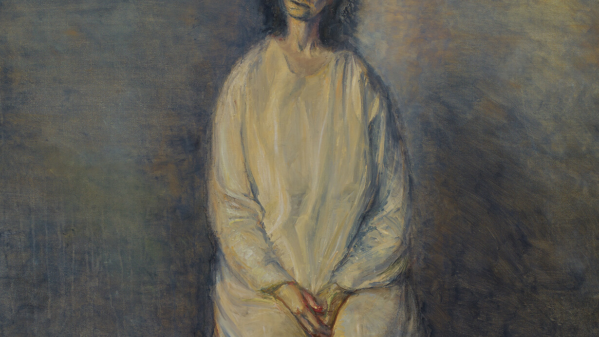 Celia Paul, Kate in White, 2014, Oil on canvas, 127 x 127 x 3.5 cm, 50 x 50 x 1 3/8 in, Courtesy the Artist and Victoria Miro, London, © Celia Paul