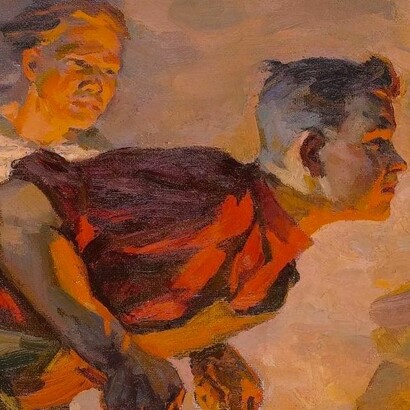 Detalle de «Jóvenes trabajadores del acero» (1961), Ivan Bevzenko