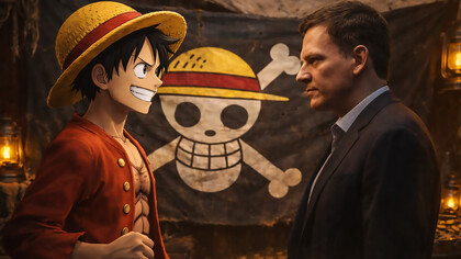 A symbolic confrontation between two visions of freedom—Luffy’s boundless world of shared liberty and Thiel’s exclusive utopia shaped by power and control