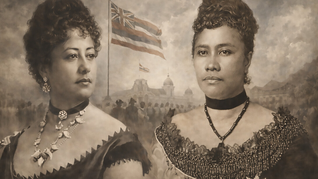 Queen Emma and Queen Liliʻuokalani, depicted against the backdrop of the Hawaiian Kingdom, symbolizing competing visions of sovereignty, legitimacy, and female authority during a pivotal moment in Hawaiʻi’s political history