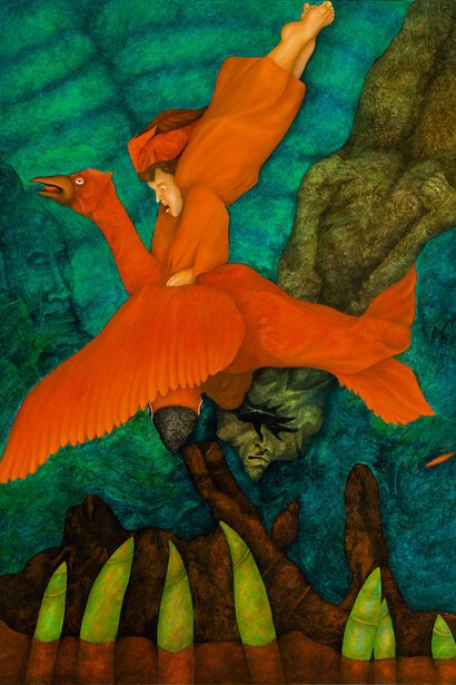Agostino De Romanis. Giganti del bene e del male, 2005, olio su cartone, cm. 140 x 100