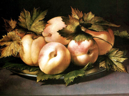 Ambrogio Figino, Piatto con pesche, olio su tavola, 21 x 30 cm, collezione privata
