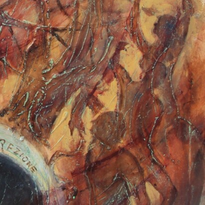 Luigi Salvatori, Sinfonia di Resurrezione, acrilico su tela, 100x100 cm, 2025, particolare con le anime degli iniqui nell’atteggiamento di coprirsi il volto con le mani per paura del giudizio per le loro azioni malvage, ph. Anastasia Maria Luciani