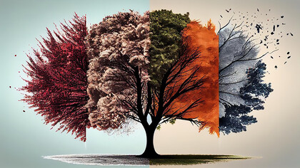 A tree illustrating the change of seasons, showcasing a spectrum of leaves in vibrant colors