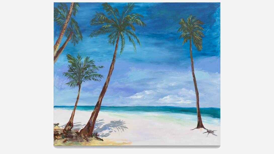 Karen Kilimnik,
sand, sea + palms, the beach, 2023,
Acrylic on canvas,
136.2 × 158.4 cm,
53 5/8 × 62 3/8 inches
© Karen Kilimnik.
Courtesy the artist, Sprüth Magers and Galerie Eva
Presenhuber.
Photo: Lance Brewer