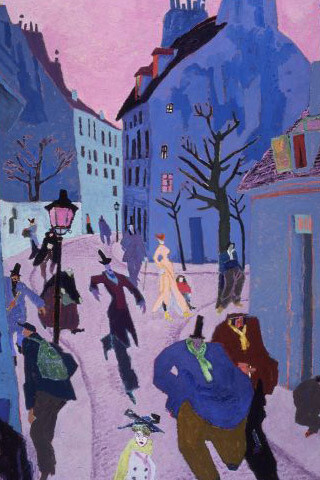 Lyonel Feininger
(American, active in Germany, 1871–1956)
In a Village Near Paris (Street in Paris, Pink Sky), 1909
Oil on canvas, 39 3/4 x 32 in.
Gift of Owen and Leone Elliott, 1968.15