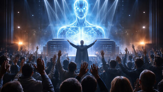 A congregation bathed in artificial light gathers in reverence before a towering digital entity, capturing the unsettling fusion of technology, belief, and collective devotion in the age of AI