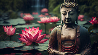 Buddhism statue in floral garden 