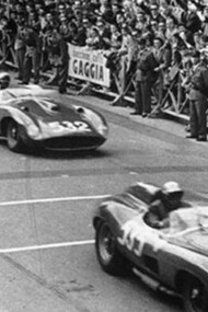 Piero Taruffi  driving a Ferrari 315S wins the XXIV edition of Mille Miglia (1957) in front of his team mates Wolfgang Von Trips and Olivier Gendebien.