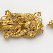 Greek
Necklace with Eros within a Herakles-Knot Clasp
Hellenistic period, ca. 300–250 BC
Gold and glass
Necklace: L. 14 3/16 in. (36.3 cm)
Sidney and Lois Eskenazi Museum of Art, Burton Y. Berry Collection