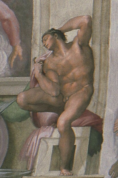Michelangelo Buonarroti. Ignudo, particolare della volta della Cappella Sistina, 1508-1512, affresco. © Musei Vaticani
