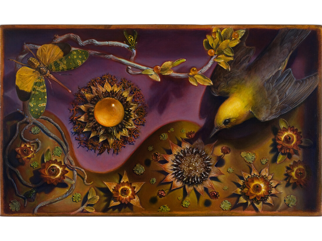 Kevin King, Diorama with Sunflowers, 2010, Oil on copper plate. Work size: 5 3/4 x 9 11/16 inches, 14.6 x 24.6 cm. Framed size: 12 1/4 x 16 1/8 inches, 31 x 41 cm