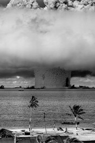 The devastating ''mushroom'' cloud of an atomic bomb detonation