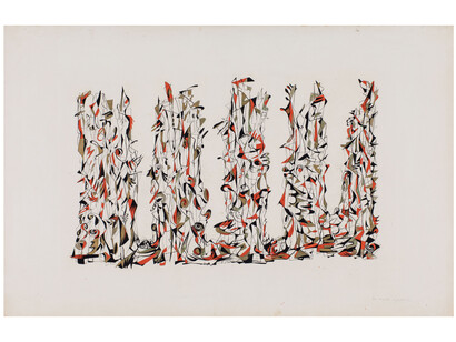 Norman Lewis (1909–1979), Too Much Aspiration, c.1953, gouache, ink, graphite and metallic paint on paper, 26x40 1/8 inches, 
signed, © Estate of Norman Lewis. Courtesy of Michael Rosenfeld Gallery LLC, New York, NY