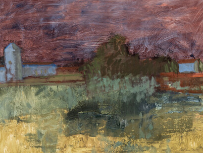 Mary Vernon, Blue Farm (details), 2023, Oil and acrylic on Yupo, 26 × 40 in. Courtesy of Valley House Gallery and Sculpture Garden