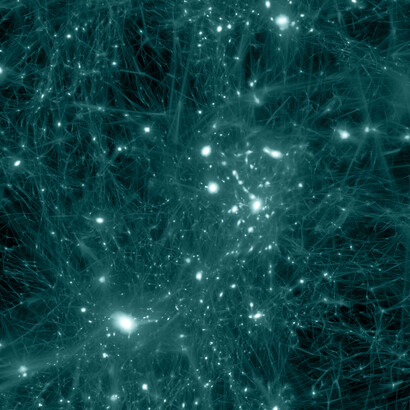 Simulación de la estructura del universo en la que los filamentos representan la materia oscura y los puntos de luz los sitios de formación de galaxias