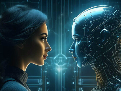 An artistic portrait of a human and an AI robot, capturing the dynamic relationship formed through training and collaboration