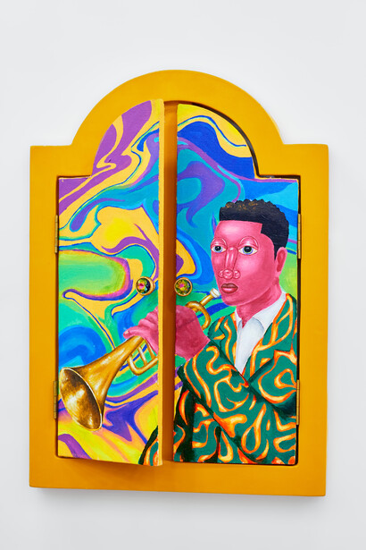 Samson Bakare, Songs of hope 2, 71x61cm, acrylic on canvas, wooden window frame. Courtesy of DCG and the artist