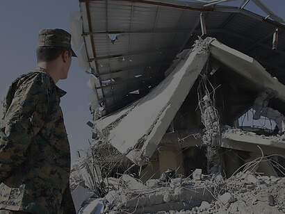 Georgian soldier and collapsed building during Russo-Georgian War in 2008, Georgia