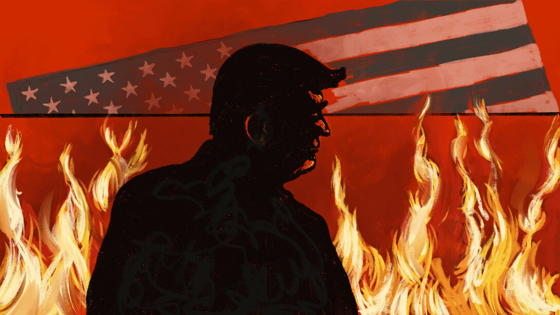 Donald Trump's silhouette against a backdrop featuring the American flag and scorching flames (illustration by Paola Bilancieri)