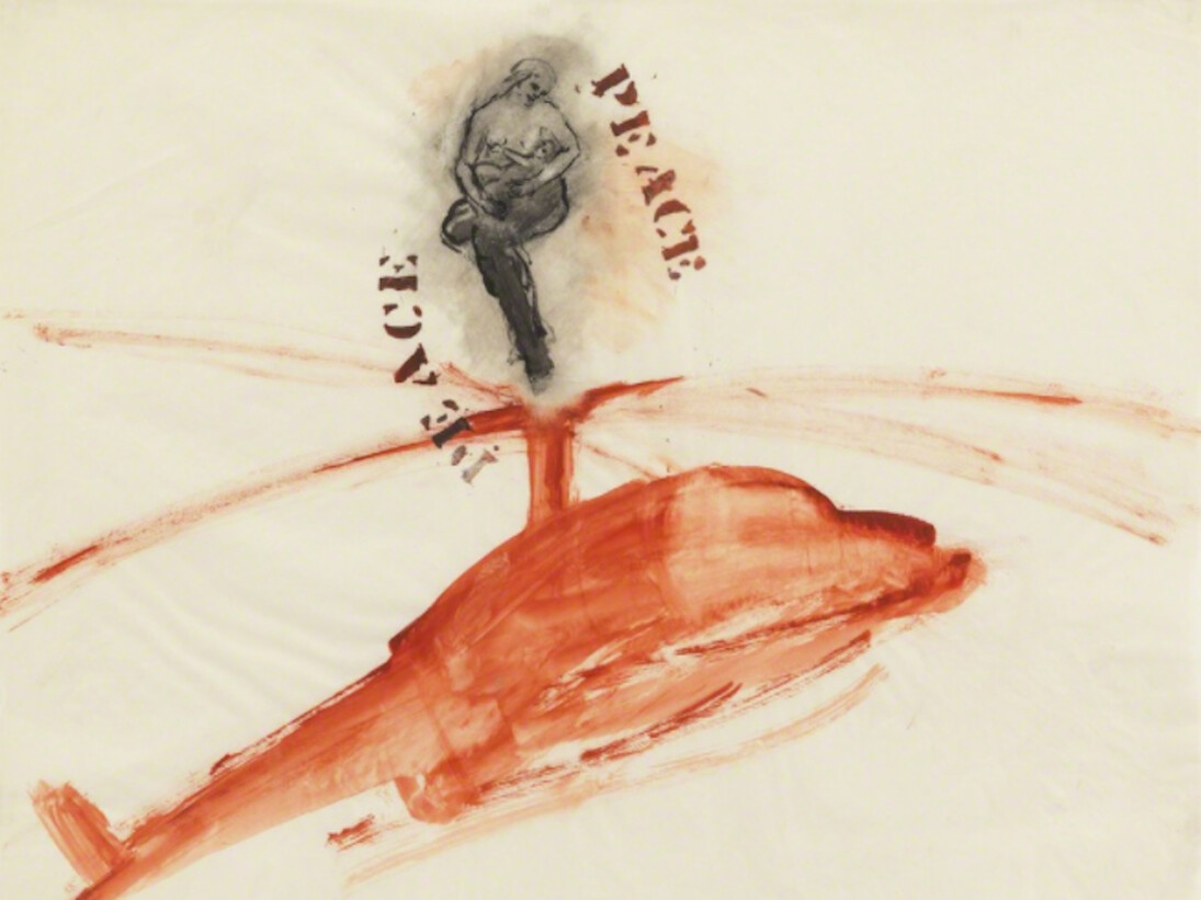 Nancy Spero, P.E.A.C.E., Helicopter, Mother + Children, 1968 Gouache and ink on paper, 24 x 19 inches (61 x 48 cm). Courtesy of Galerie Lelong