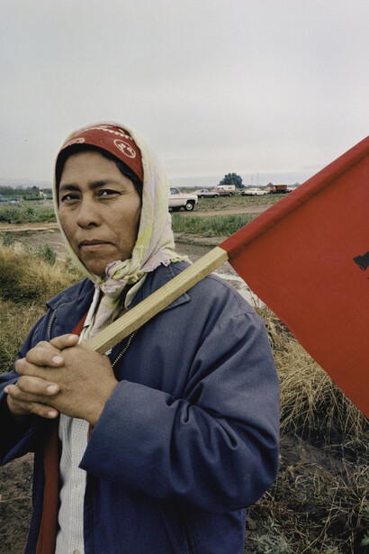 Louis Carlos Bernal, Untitled [undocumented worker holding "huelga" flag at United Farm Workers Demonstration, El Mirage, Arizona], negative 1978, printed 2016. Courtesy of the Cleveland Museum of Art