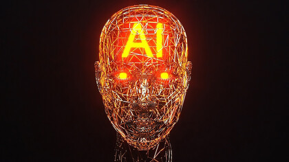 Futuristic AI cloud and robot head on a black backdrop, representing cutting-edge AI technology