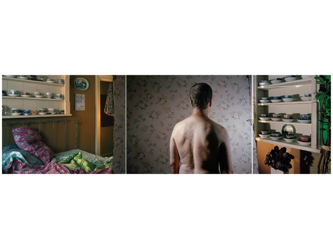 Hrvoje Slovenc, Untitled IV (Tea Party), 2010, 4x5 color film negative, pigmented ink print, mounted on black Plexiglas, triptych, 30 x 97 inches, edition 2 out of 3.