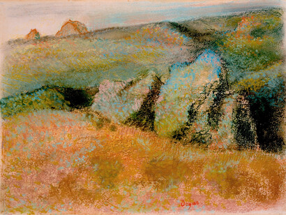 Hilaire‑Germain‑Edgar Degas (French, 1834–1917). Landscape with Rocks (Paysage avec rochers), 1892. Pastel over monotype in oil on wove paper. Sheet: 10 1/8 × 13 9/16″ (25.7 × 34.4 cm). High Museum of Art, Atlanta, Purchase with High Museum of Art Enhancement Fund, 2000.200.